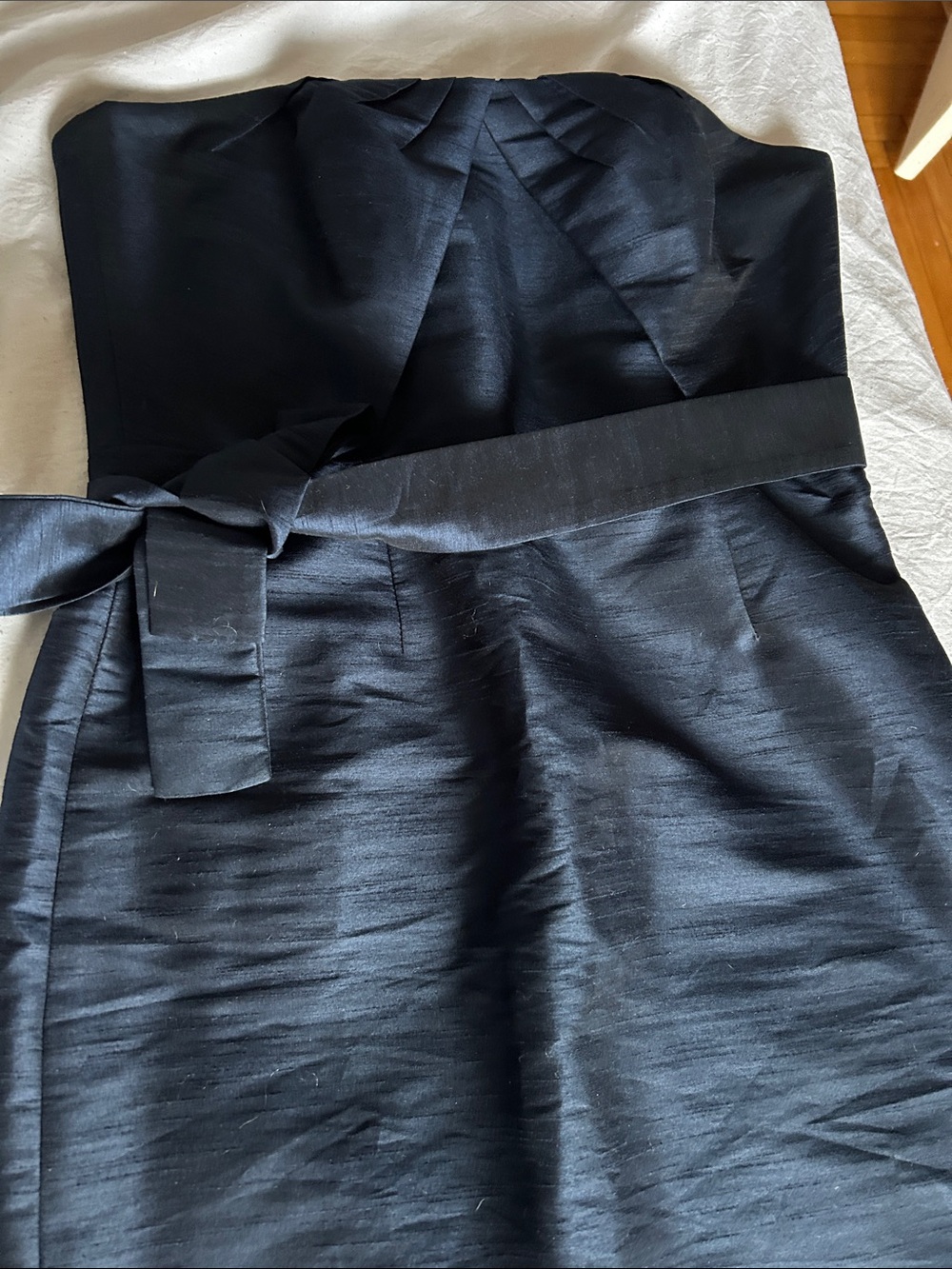 Monique Lhuillier Strapless Navy Blue raw silk Dress with Waist Sash